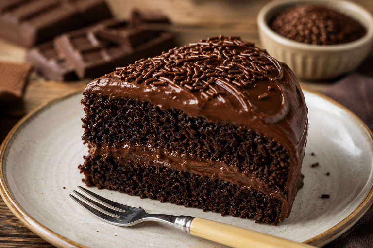 Fatia de bolo de chocolate artesanal