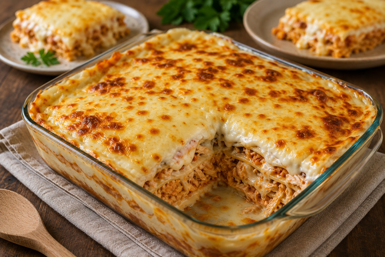 Lasanha cremosa em cena rústica